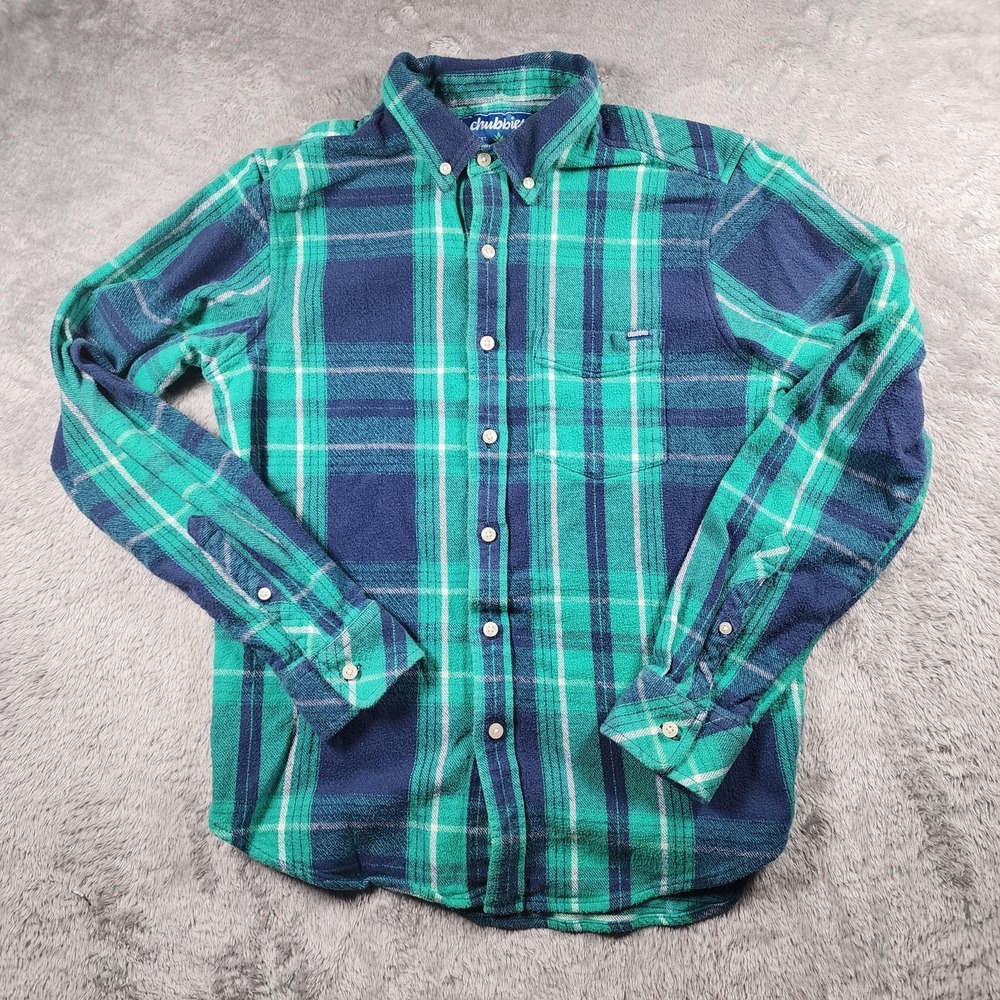 Chubbies Shirt Mens Medium Green Plaid Flannel Long Sleeve Button Up Stretch